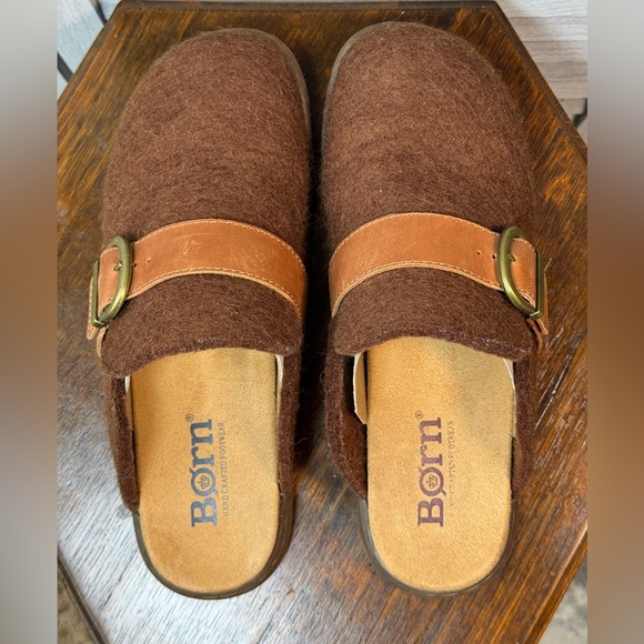 Born Lia - Brown Soft Wool Slippers with Tan Leather Strap - Picture 6 of 7